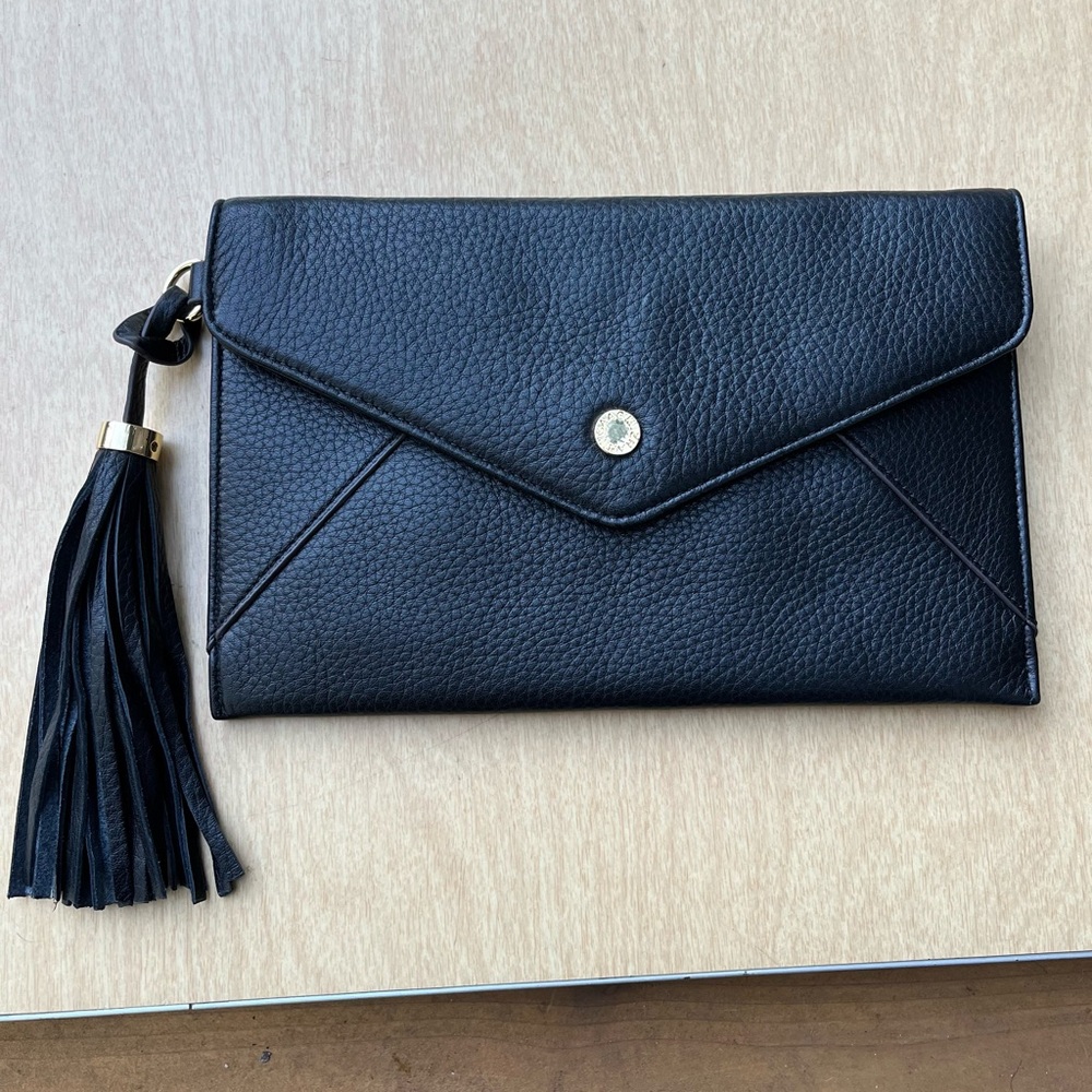 Isaac Mizrahi Black Pebbled Leather Envelope Clutch With Tassel NWOT